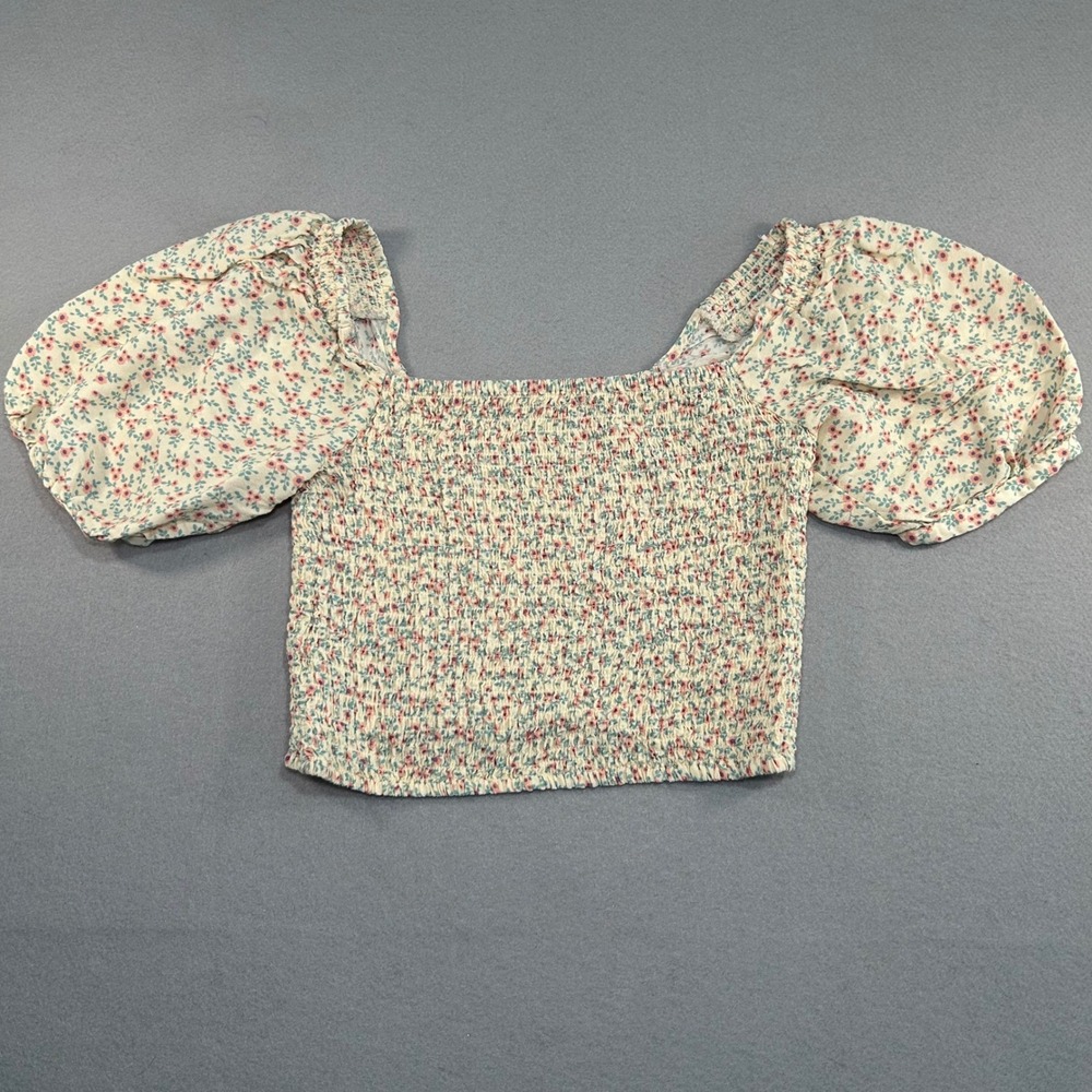 Sophie Rue Smocked Crop Top Womens Size Medium Cream Floral Puff Sleeve